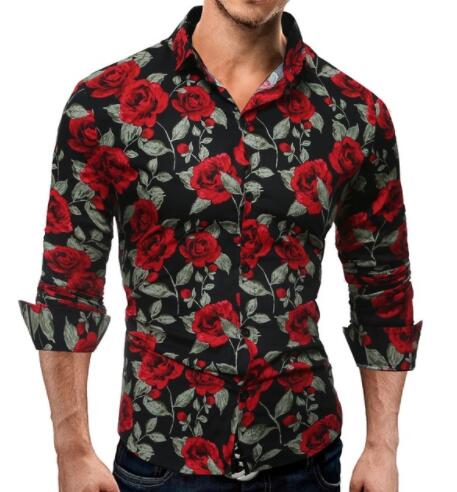 New Men's Long Sleeve Casual Shirt Fashion Rose Flower 3D Printed Floral Shirt Turn-down Collar Slim Fit Shirt For Mens Clothing